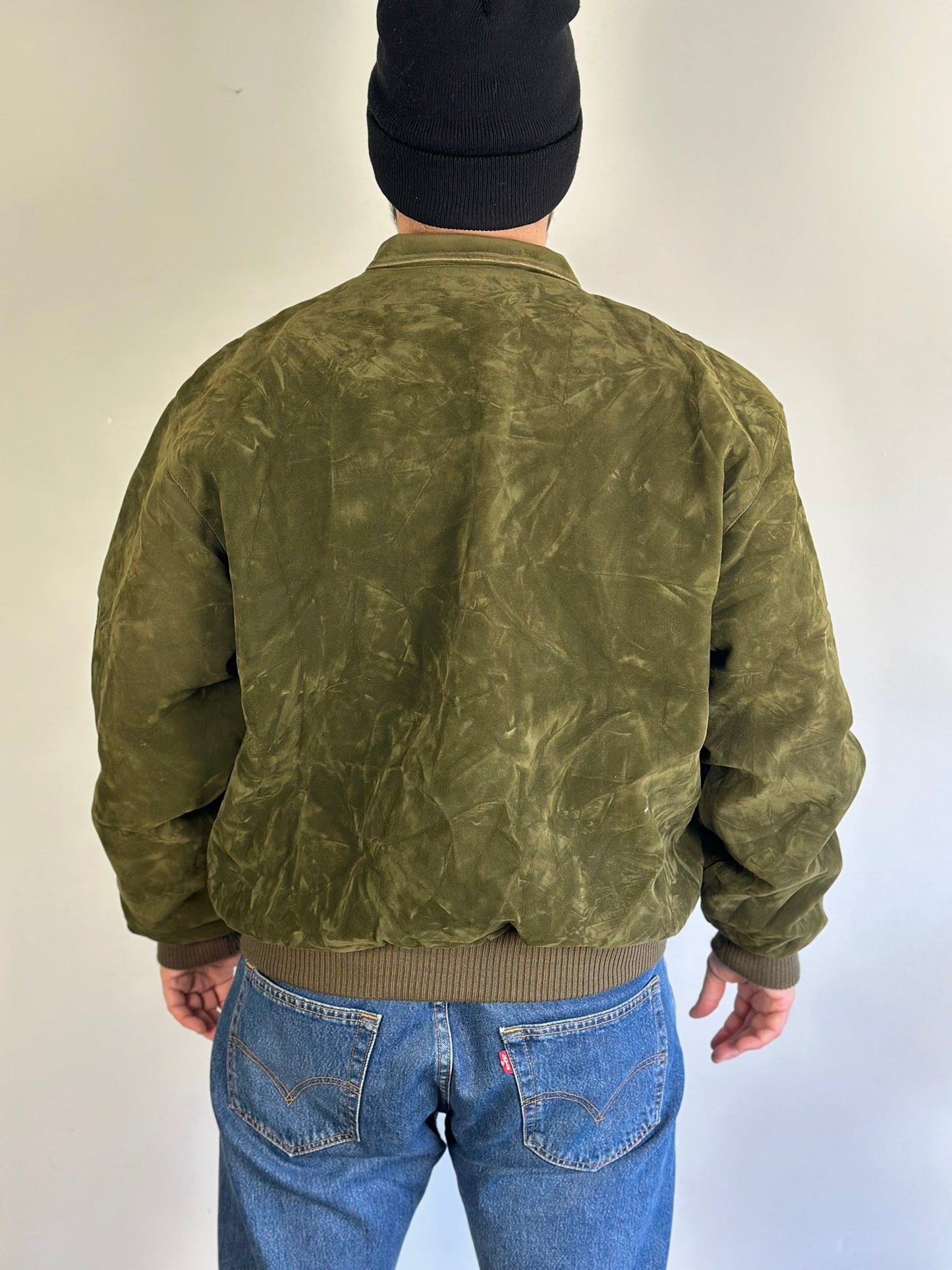 Olive Green Suede Bomber Jacket