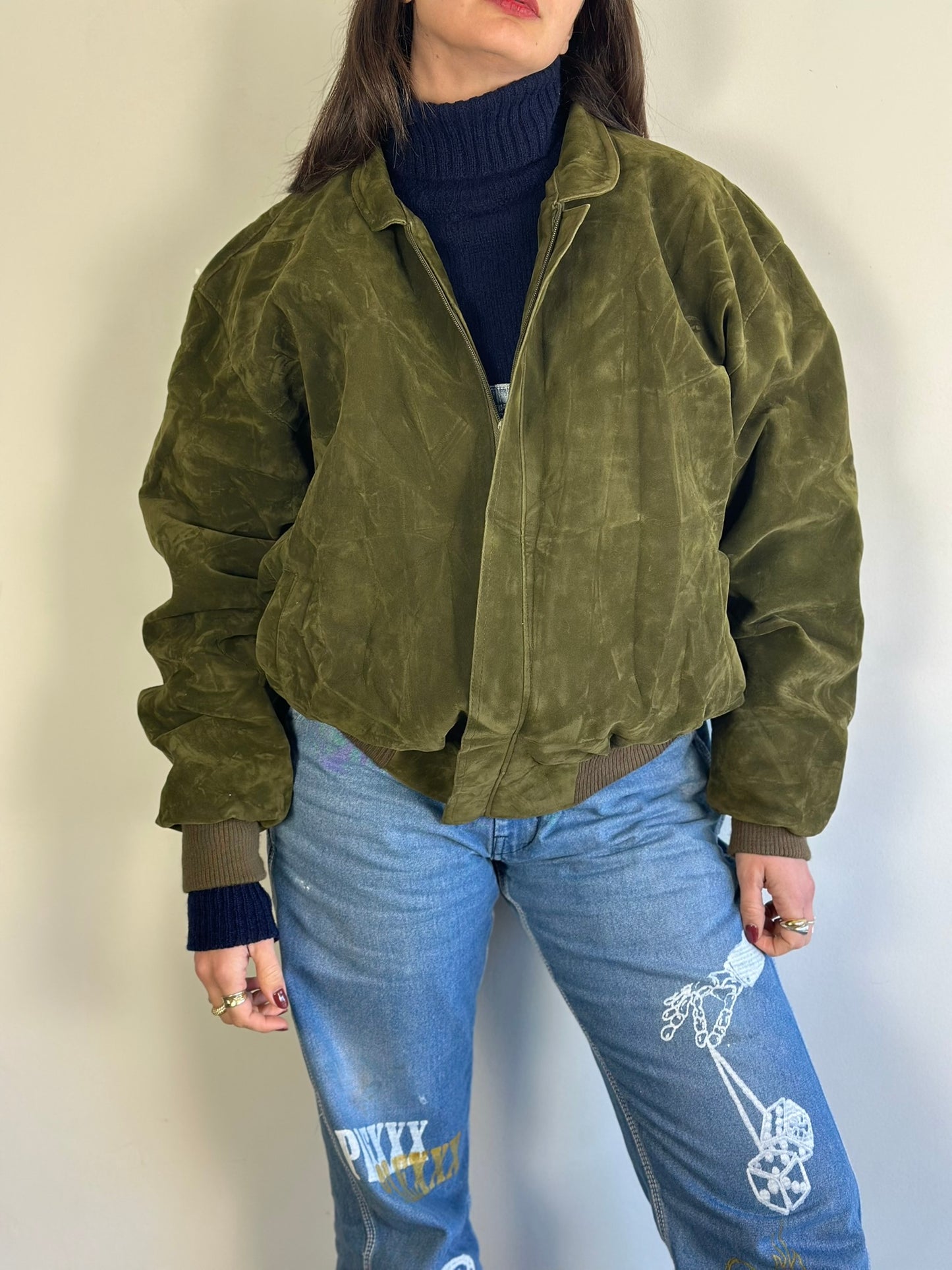 Olive Green Suede Bomber Jacket