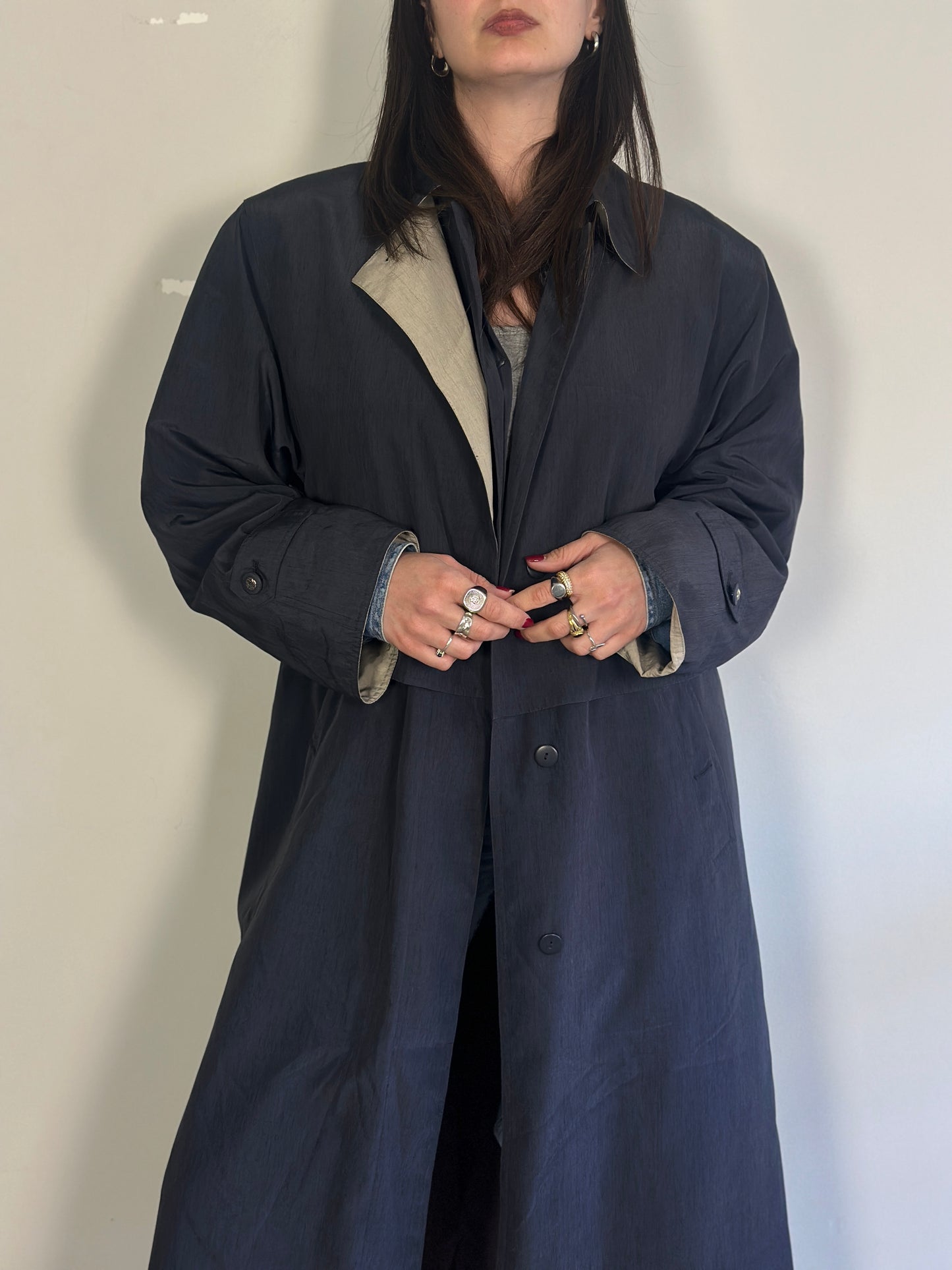 Dark Blue Trench Coat with beige details