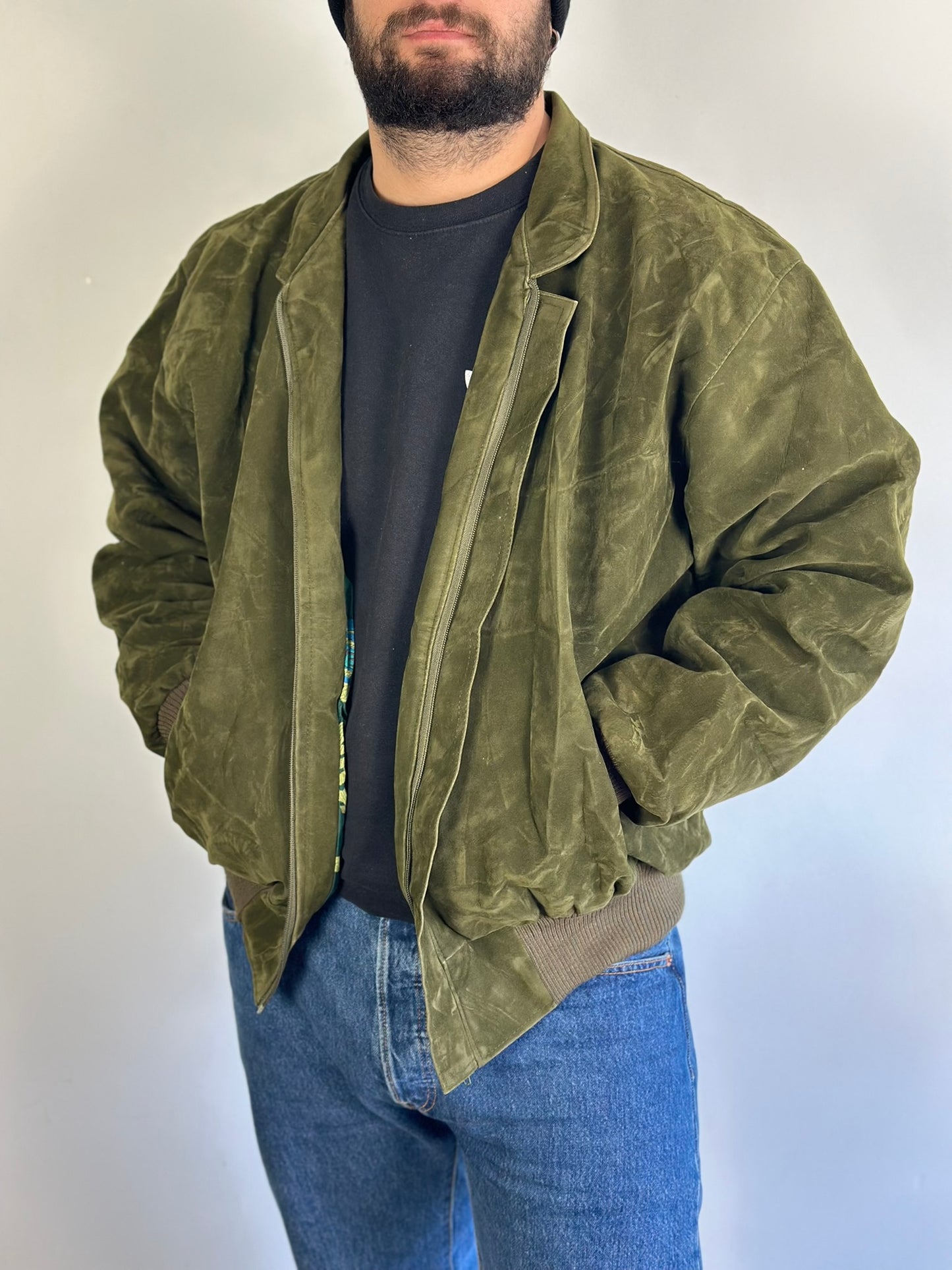 Olive Green Suede Bomber Jacket