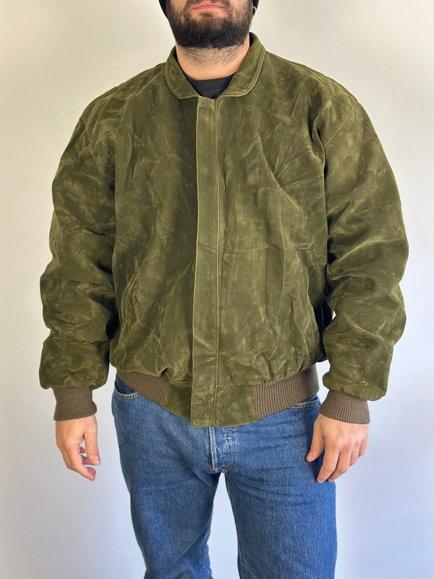 Olive Green Suede Bomber Jacket