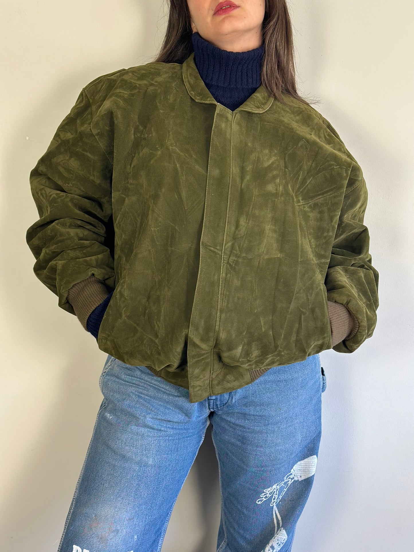 Olive Green Suede Bomber Jacket