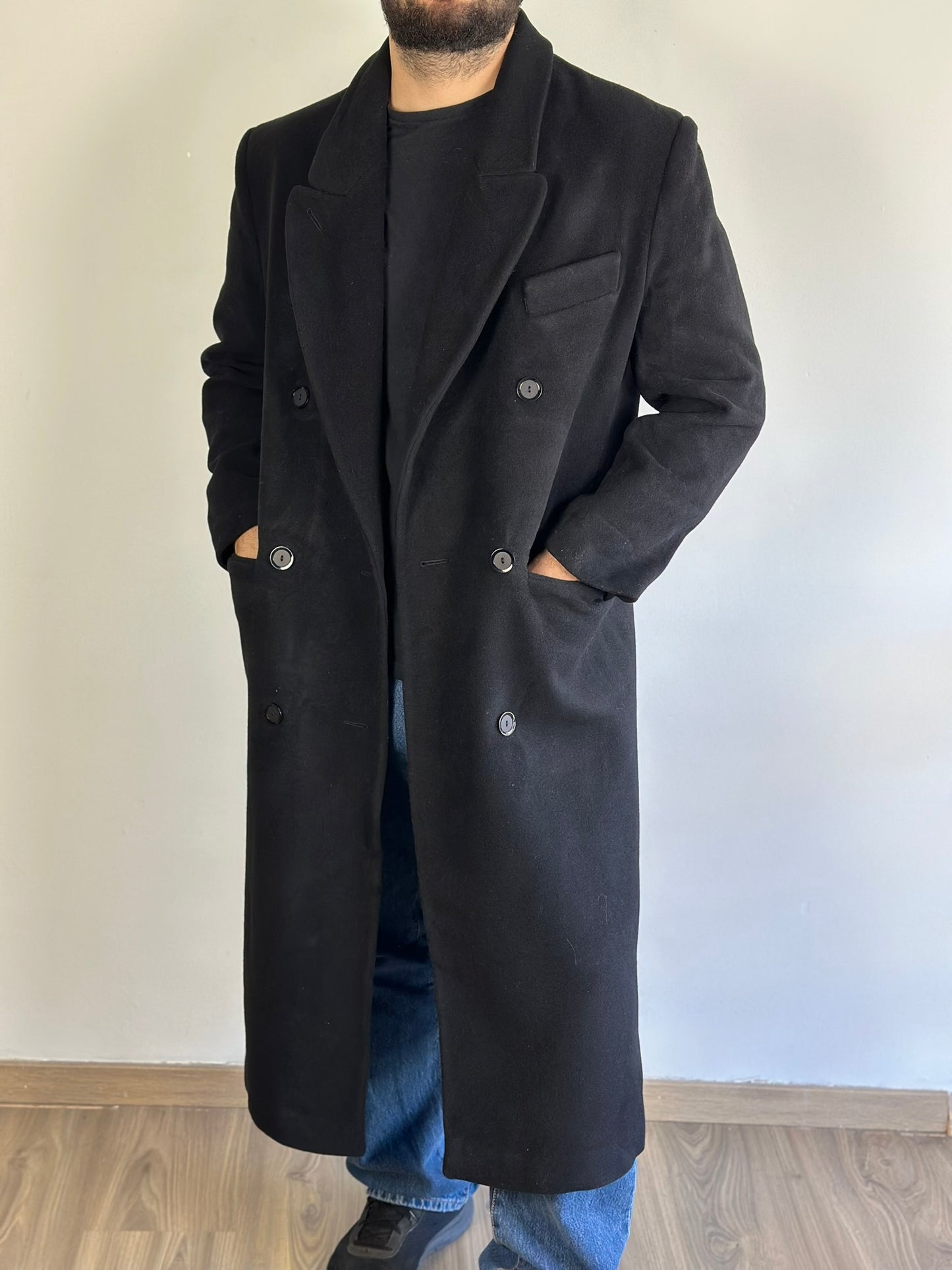 Vintage Double Breasted Long Black Coat