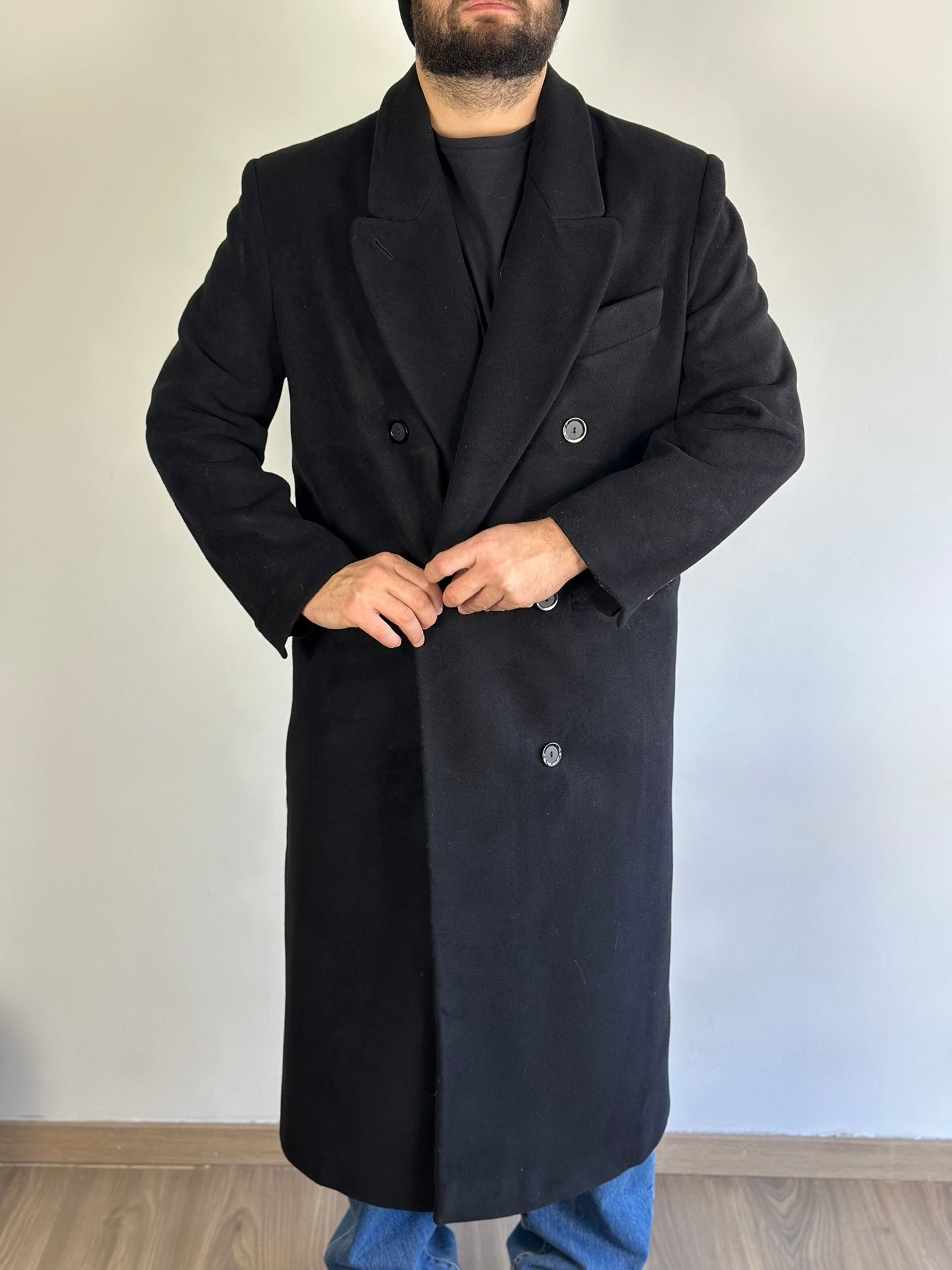 Vintage Double Breasted Long Black Coat