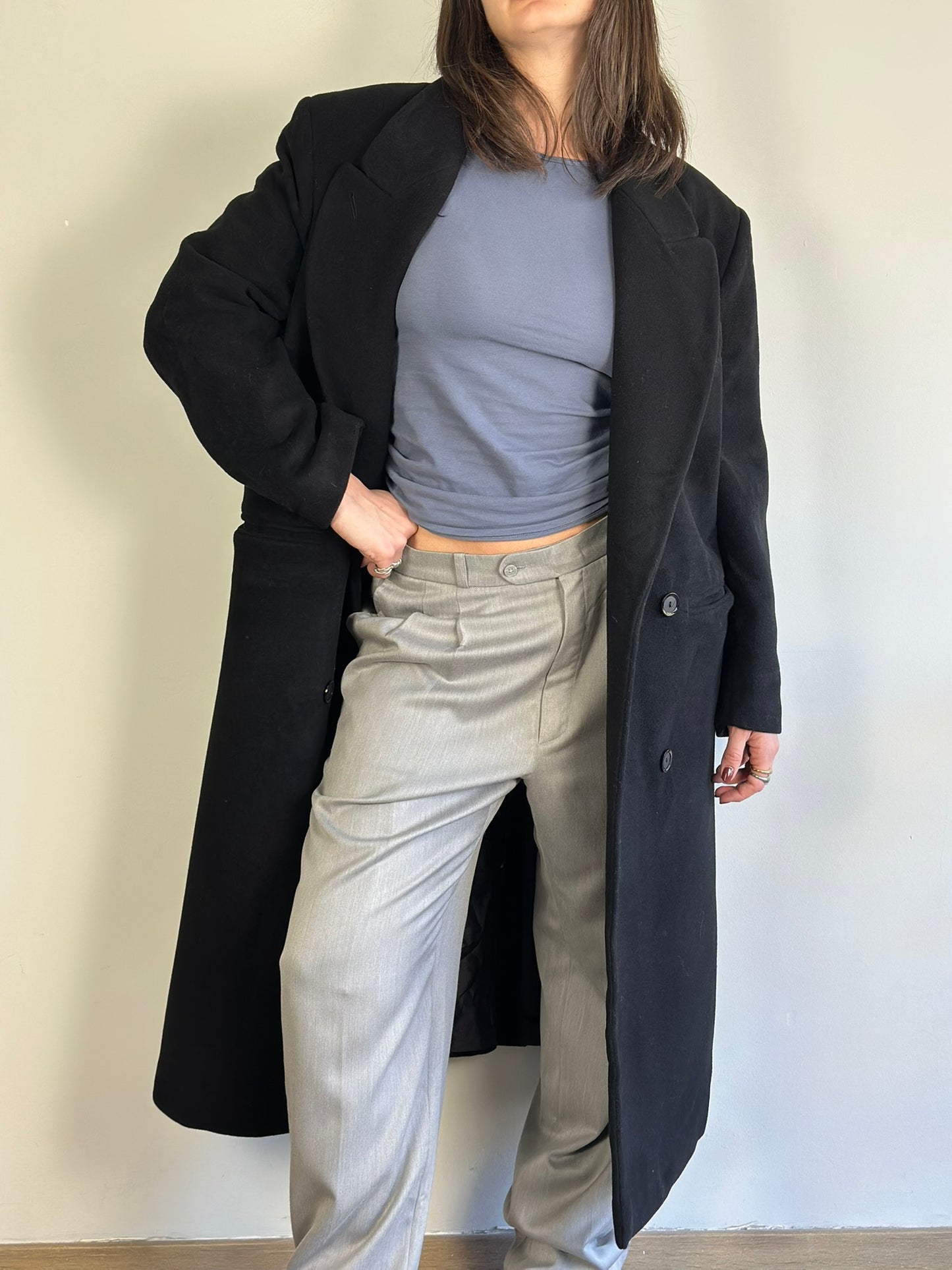 Vintage Double Breasted Long Black Coat