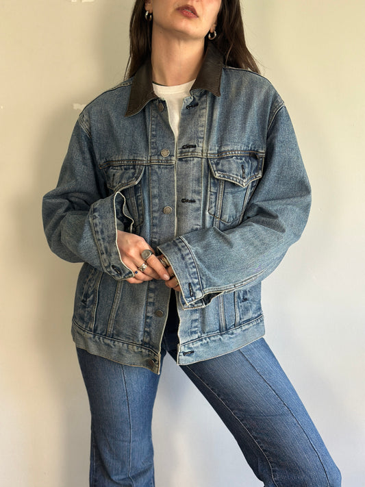Vintage Denim Jacket With Leather Detail