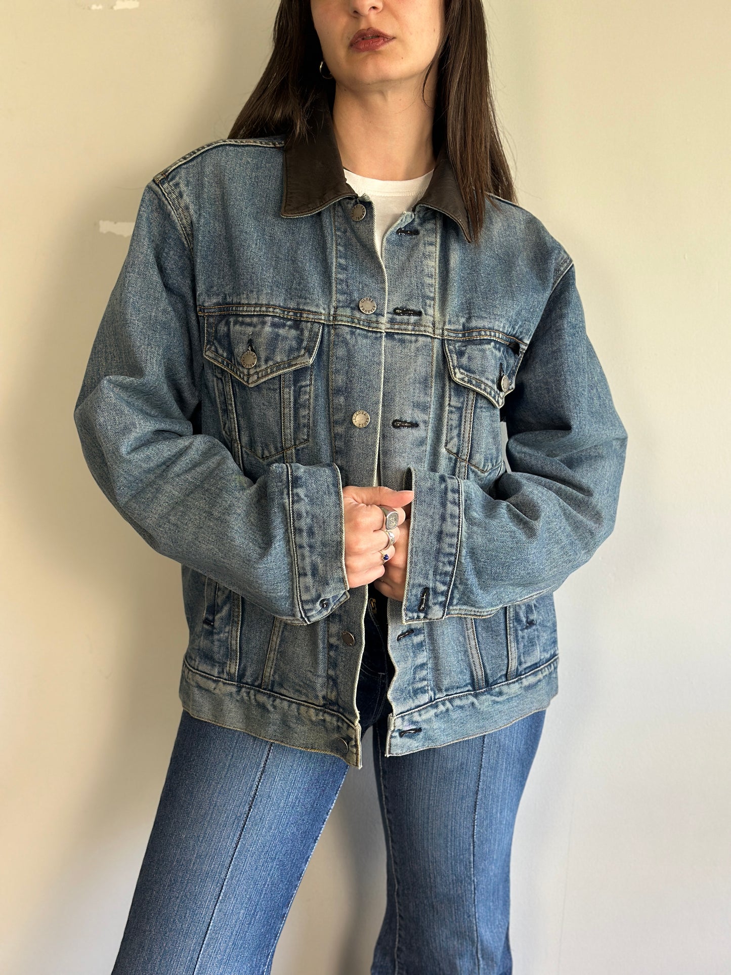 Vintage Denim Jacket With Leather Detail