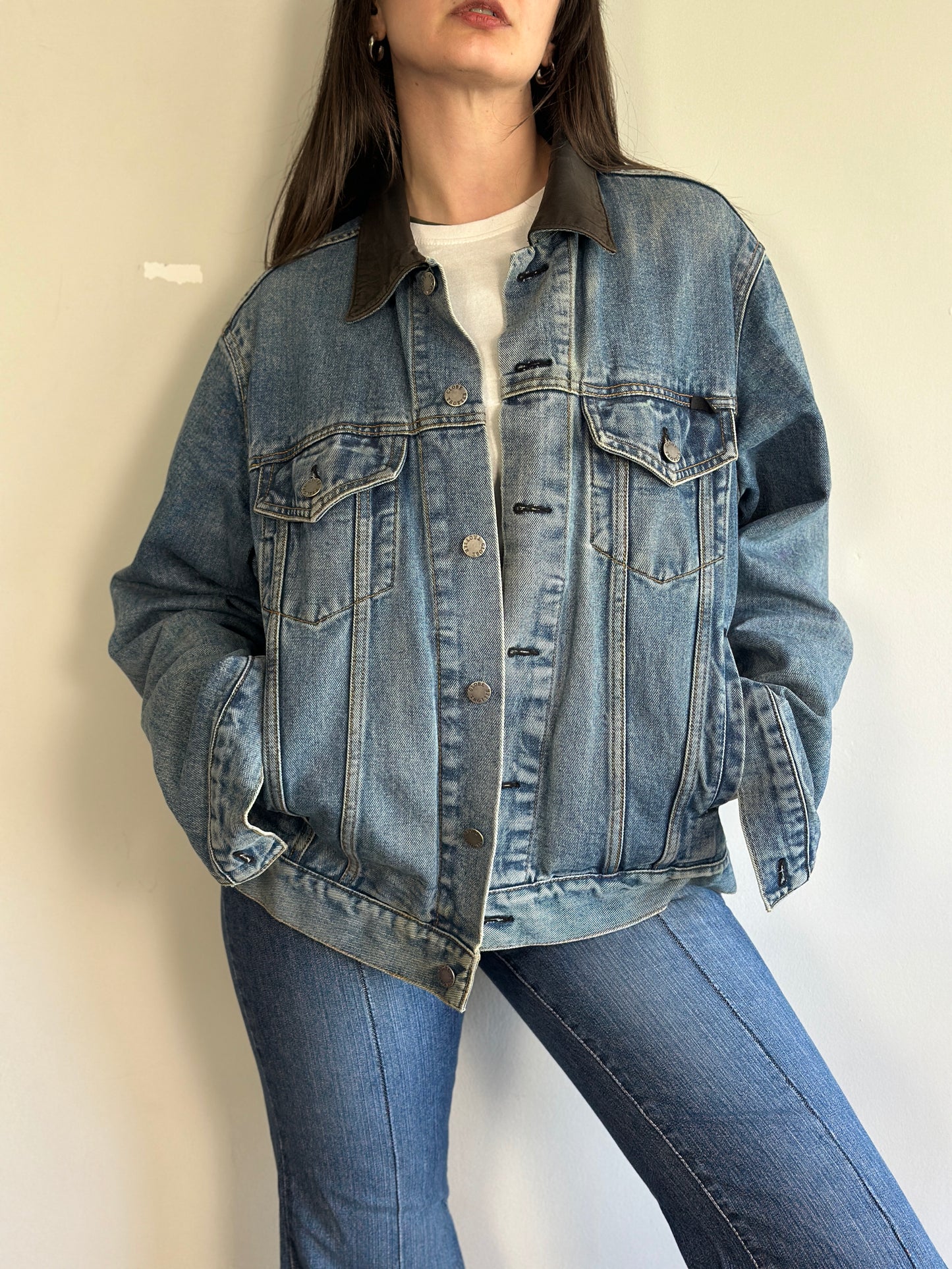 Vintage Denim Jacket With Leather Detail