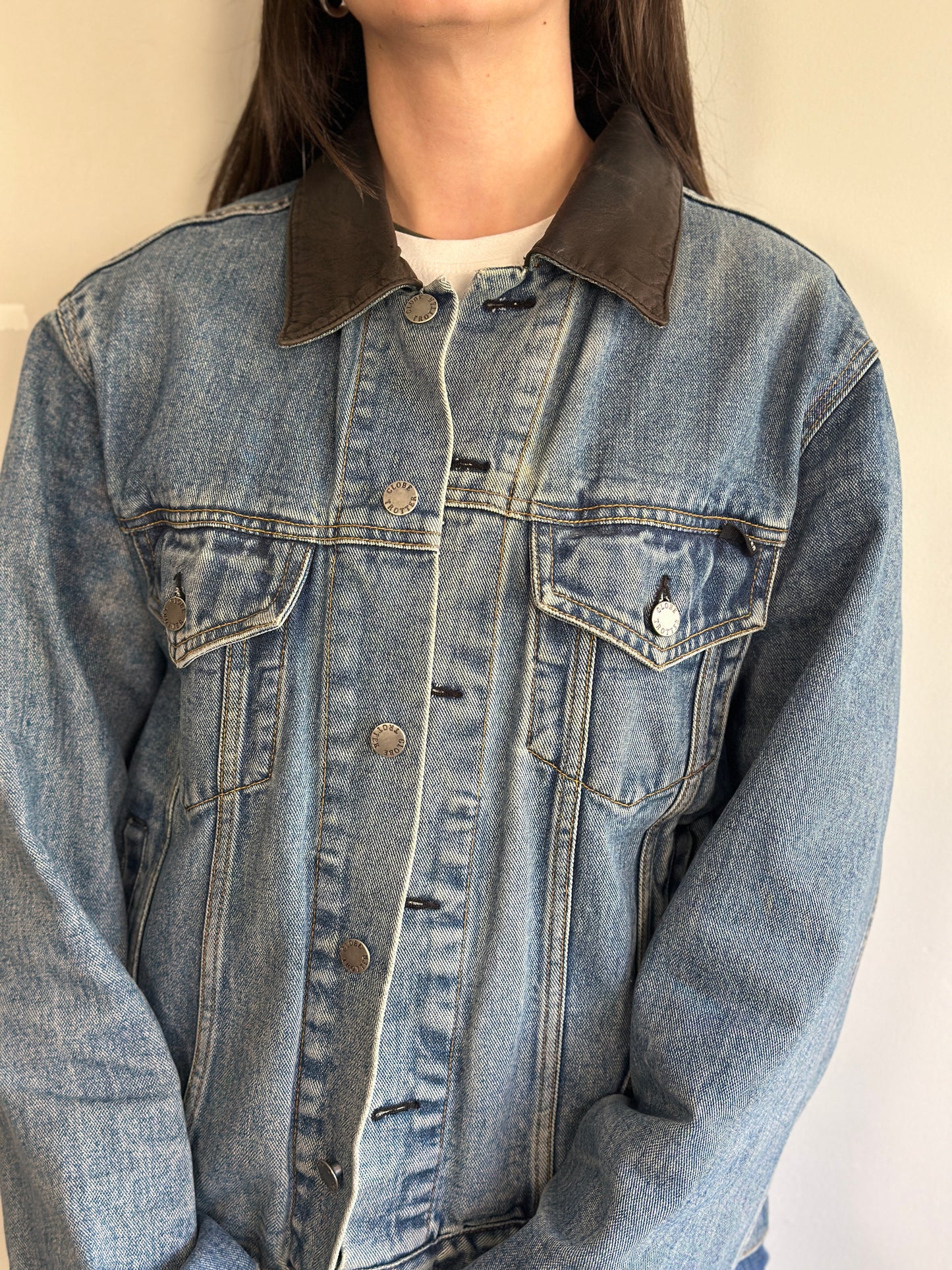 Vintage Denim Jacket With Leather Detail