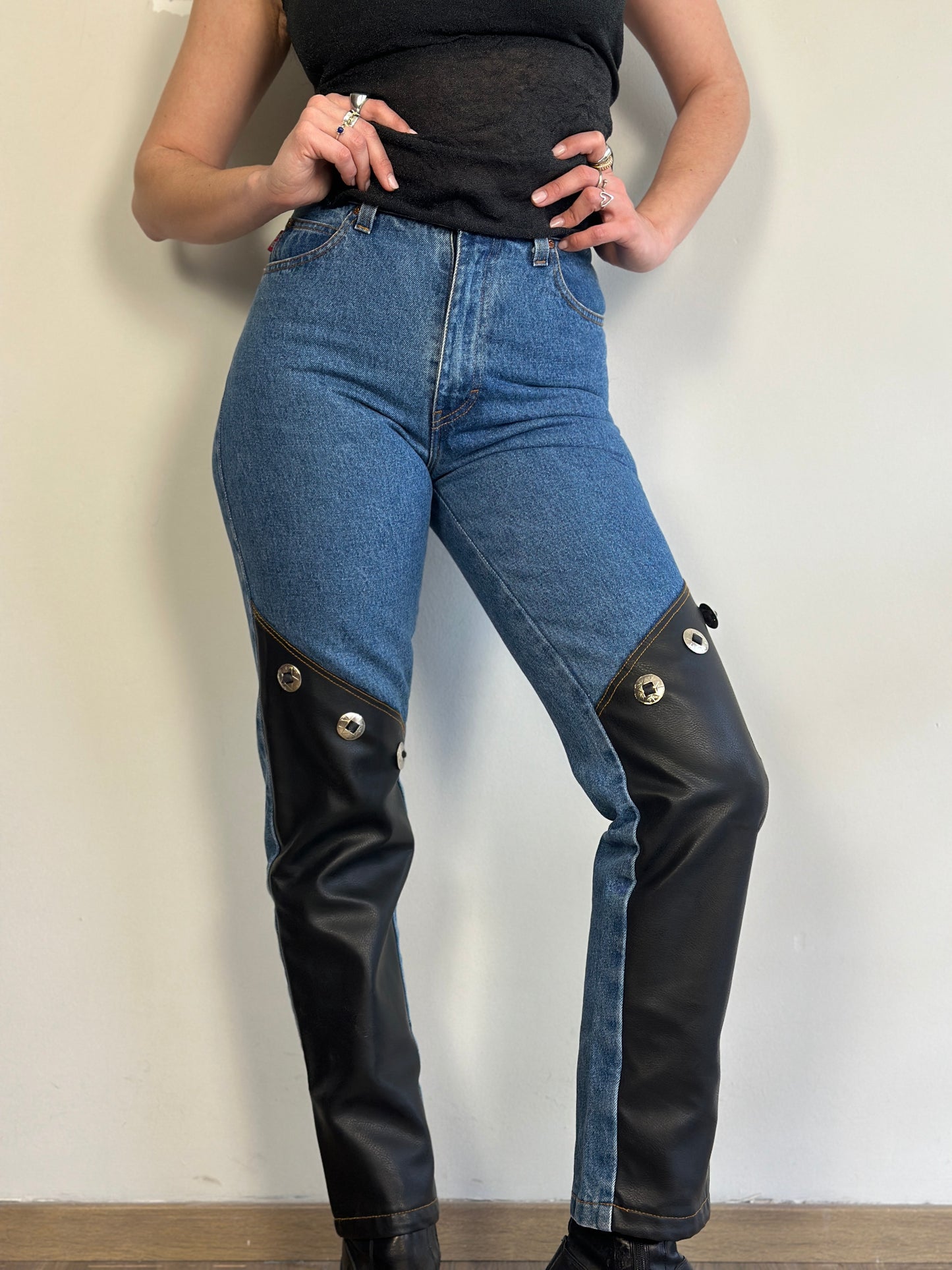 Vintage High Waist Jeans With Leather Details