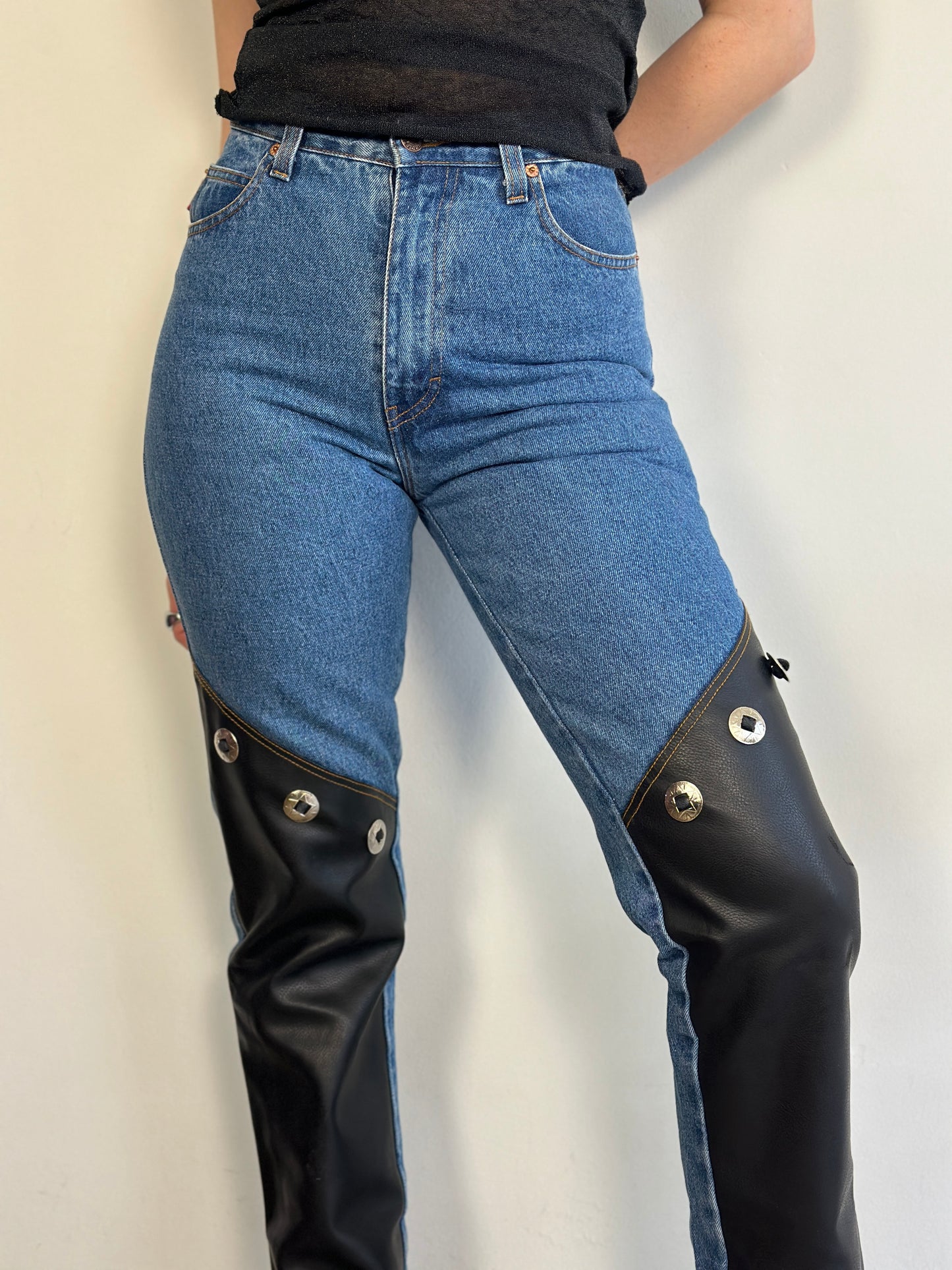 Vintage High Waist Jeans With Leather Details